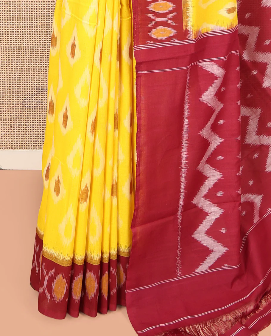 Yellow Ikkat Cotton Saree, Adorned with Ikkat Buttas All Over Its Body, Complemented by a Contrast Border of Ikkat Buttas, Chevron Striped Pallu, and Has No Blouse - Image 3