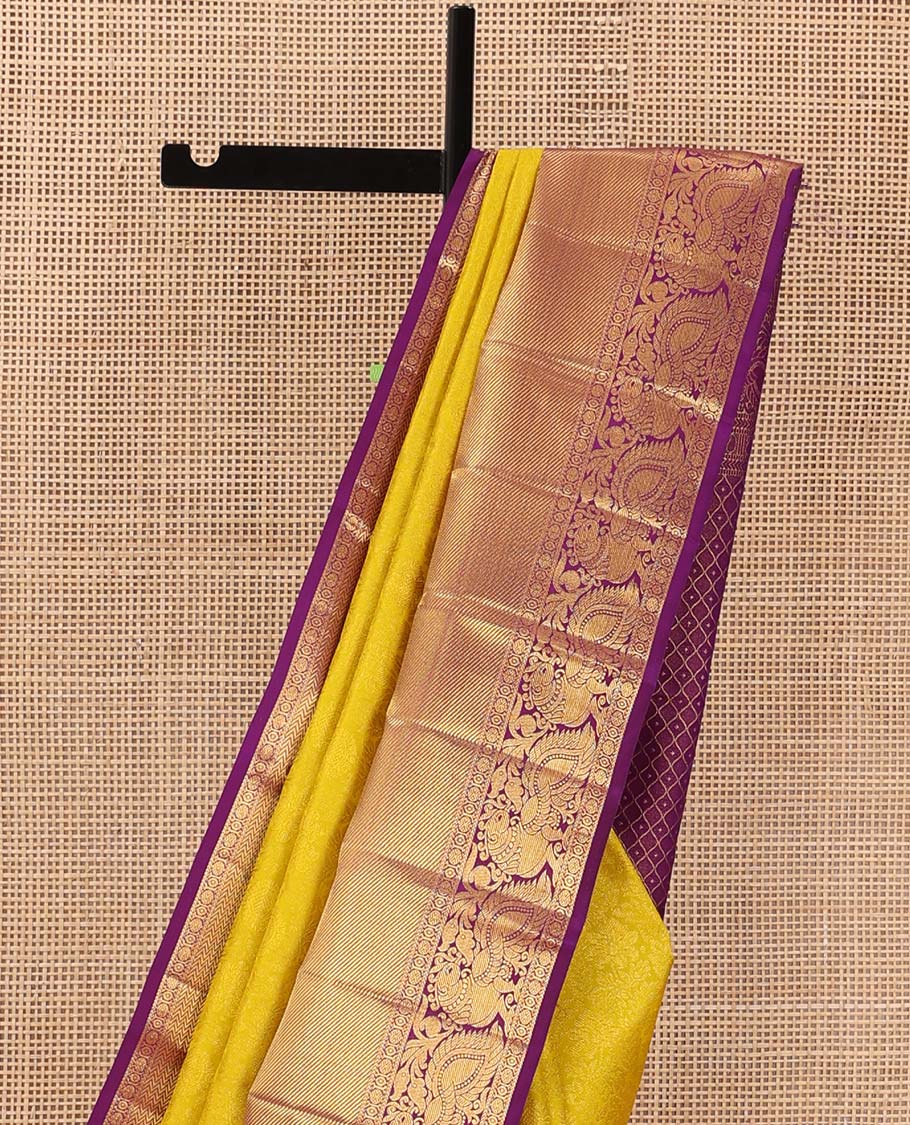 Yellow jacquard wedding silk saree, contrast border of thilakam, rudraksham, and mayil designs, and ogee design pallu - Image 4