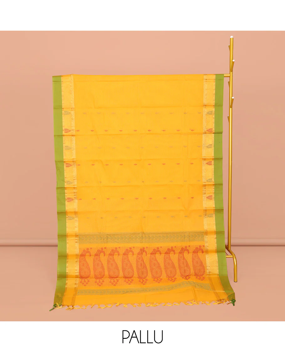 Yellow Kanchi Cotton Saree, Adorned with Buttas All Over Its Body, Complemented by Contrast Border, Pallu of Paisley Designs, and Paired with a Matching Blouse - Image 2