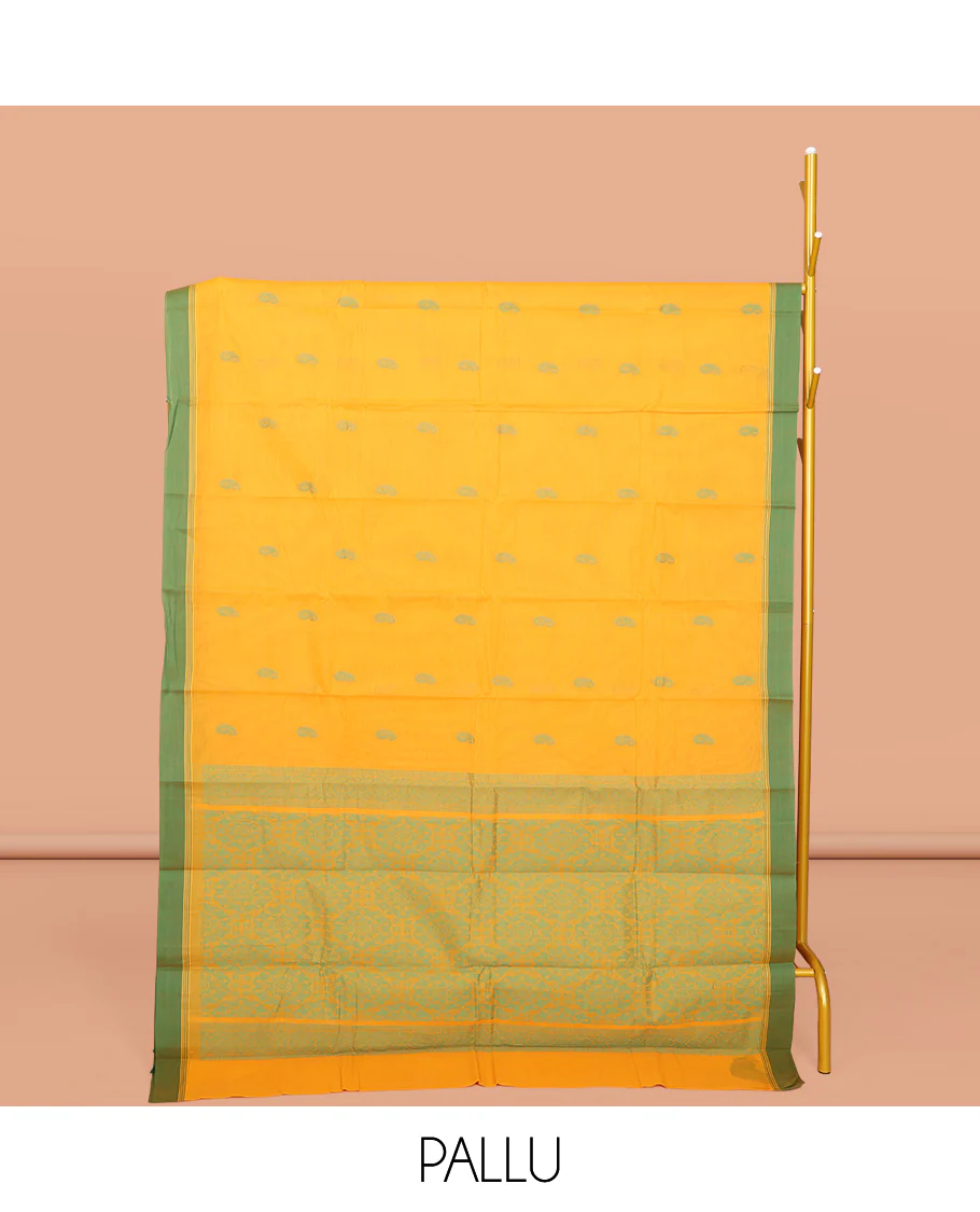 Yellow Kanchi Cotton Saree, Decked Up with Buttas All Over Its Body, Complemented by a Contrast Border, Pallu of Intricate Design, and Paired with a Matching Blouse - Image 2