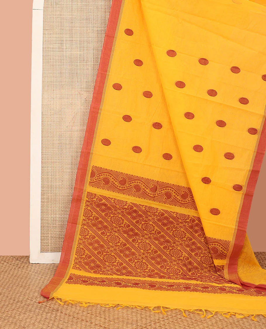 Yellow Kanchi Cotton Saree, Decked Up with Polka Dot Buttas All Over Its Body, Complemented by a Contrast Border, Pallu Depicting Floral Designs, and Paired with a Matching Blouse - Image 2