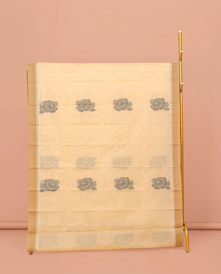 Yellow Kanchi Cotton Saree, Detailed with Buttas on Its Body, Complemented by a Contrast Border, a Pallu of Buttas and Stripes, and Paired with a Matching Blouse