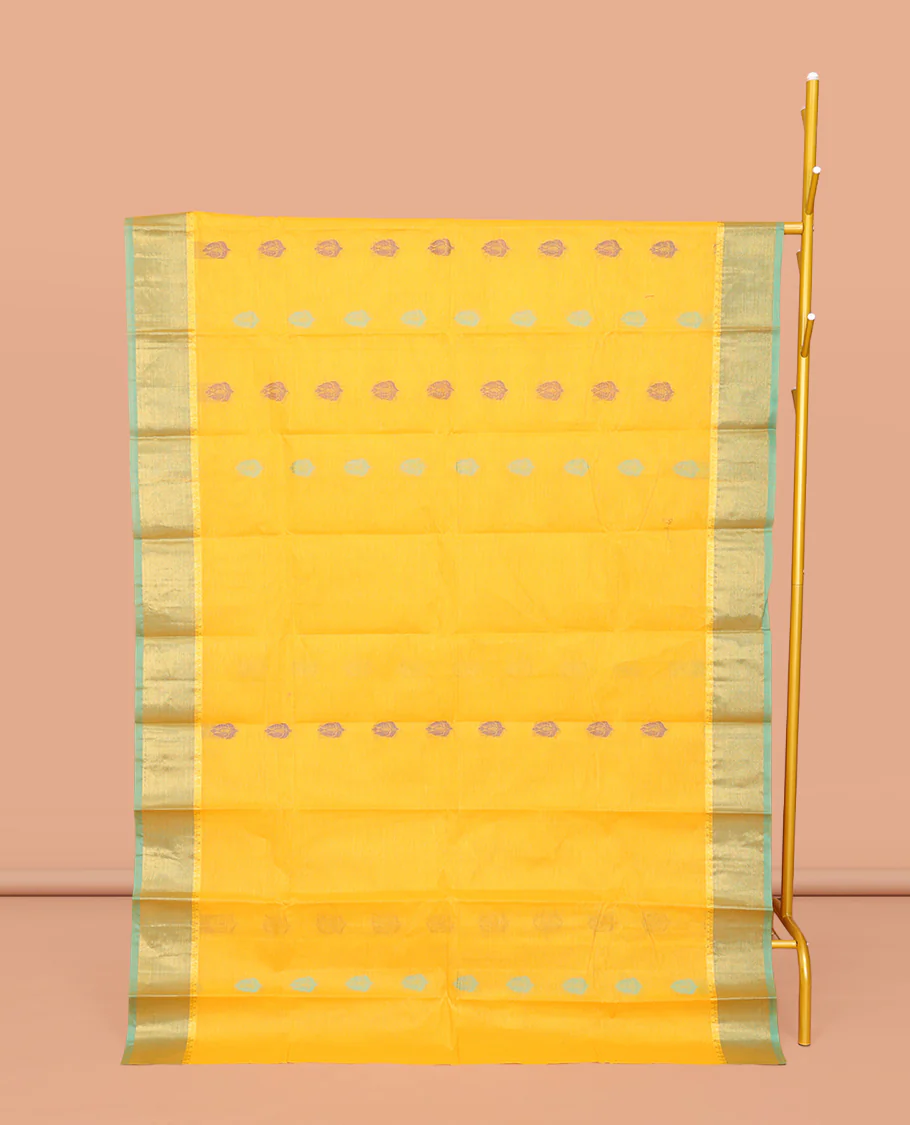 Yellow Kanchi Cotton Saree, Woven with Buttas All Over Its Body, Complemented by Contrast Border, Pallu of Paisleys and Drop Designs, and Paired with a Matching Blouse