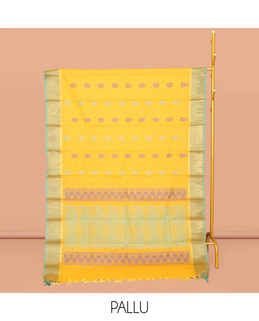 Yellow Kanchi Cotton Saree, Woven with Buttas All Over Its Body, Complemented by Contrast Border, Pallu of Paisleys and Drop Designs, and Paired with a Matching Blouse - Image 2