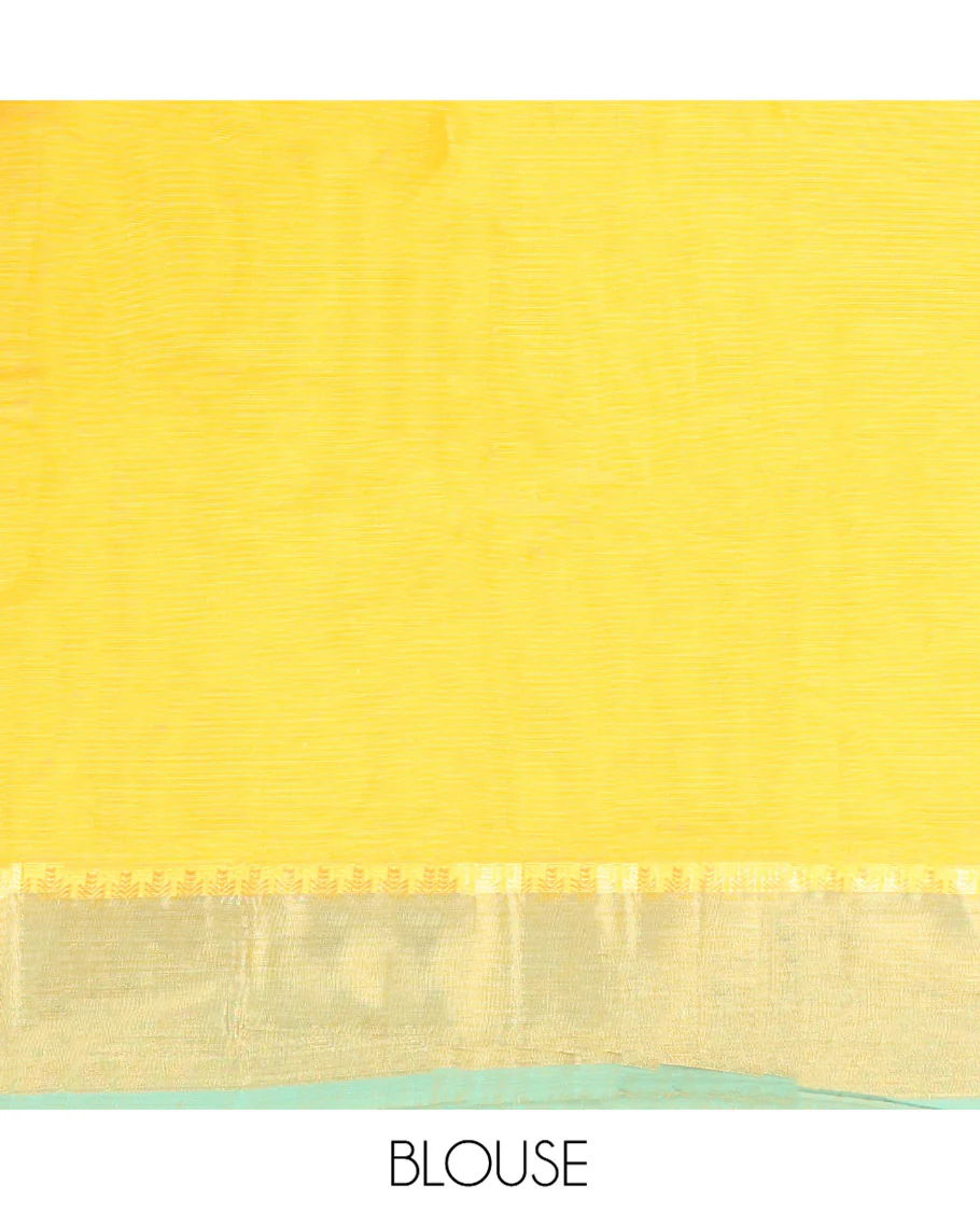 Yellow Kanchi Cotton Saree, Woven with Buttas All Over Its Body, Complemented by Contrast Border, Pallu of Paisleys and Drop Designs, and Paired with a Matching Blouse - Image 3