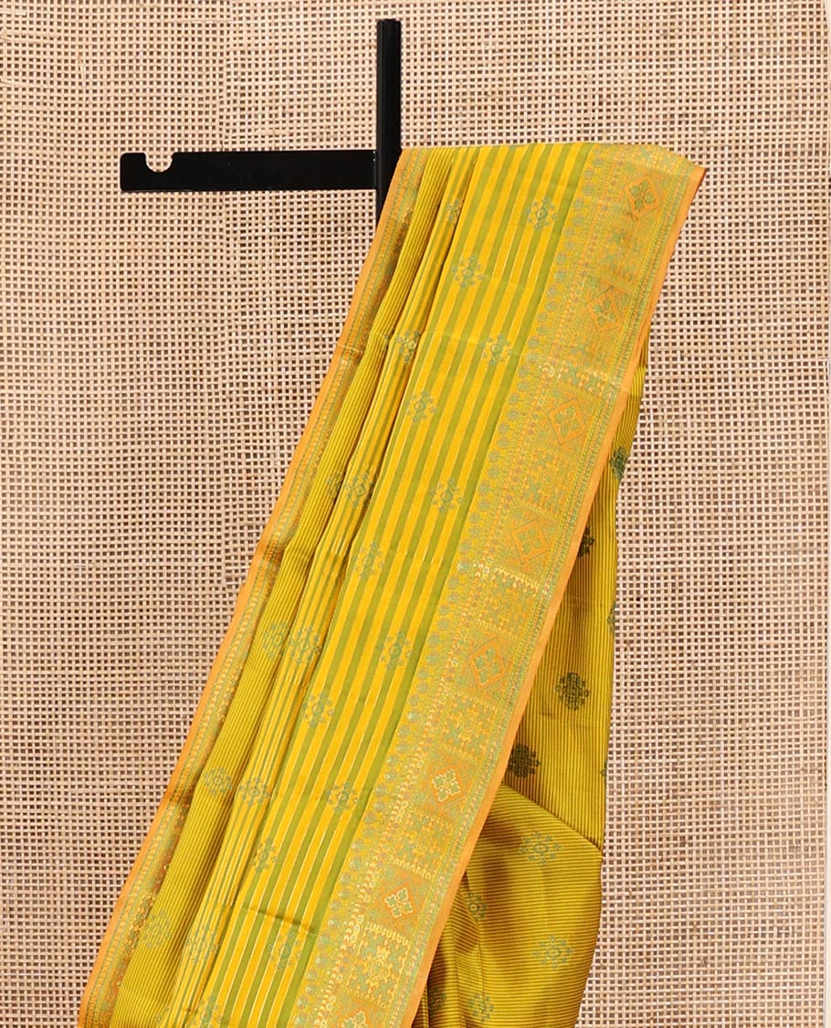 Yellow Kanchipuram Designer Silk Saree, Beautifully Bedecked with Stripes and Unique Buttas All Over Its Body, Meenakari-Style, Uniquely Patterned Border, Pallu of Vanki Designs, and Paired with a Matching Blouse - Image 3