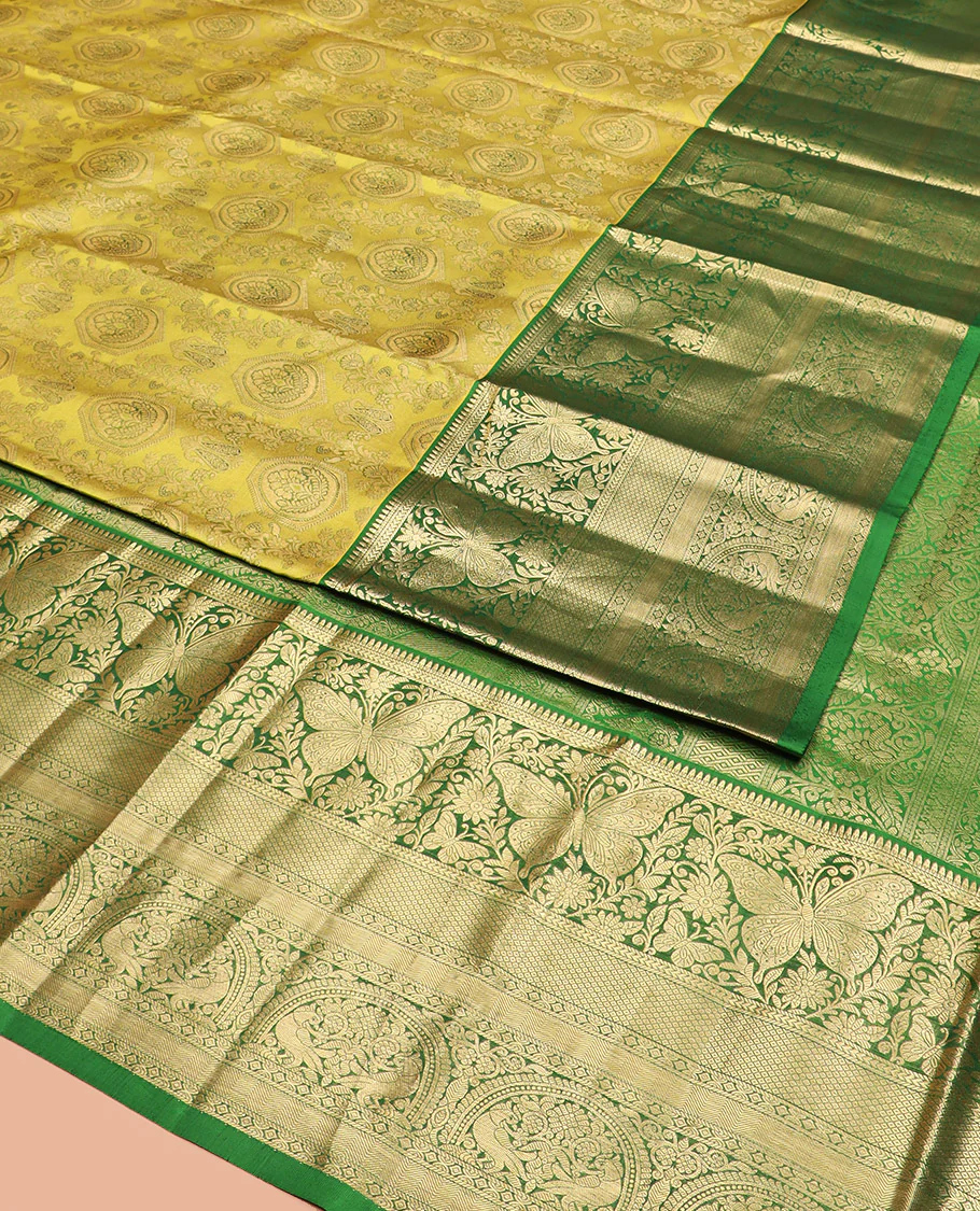 Yellow Kanchipuram Silk Saree Adorned with Jacquard Design, Complemented by Contrast Border of Rekku, Kathir, Mayil, Butterfly, and Then Kuli Kann Designs, Pallu Woven with Intricate Zari Designs, and Paired with a Contrast Blouse - Image 3