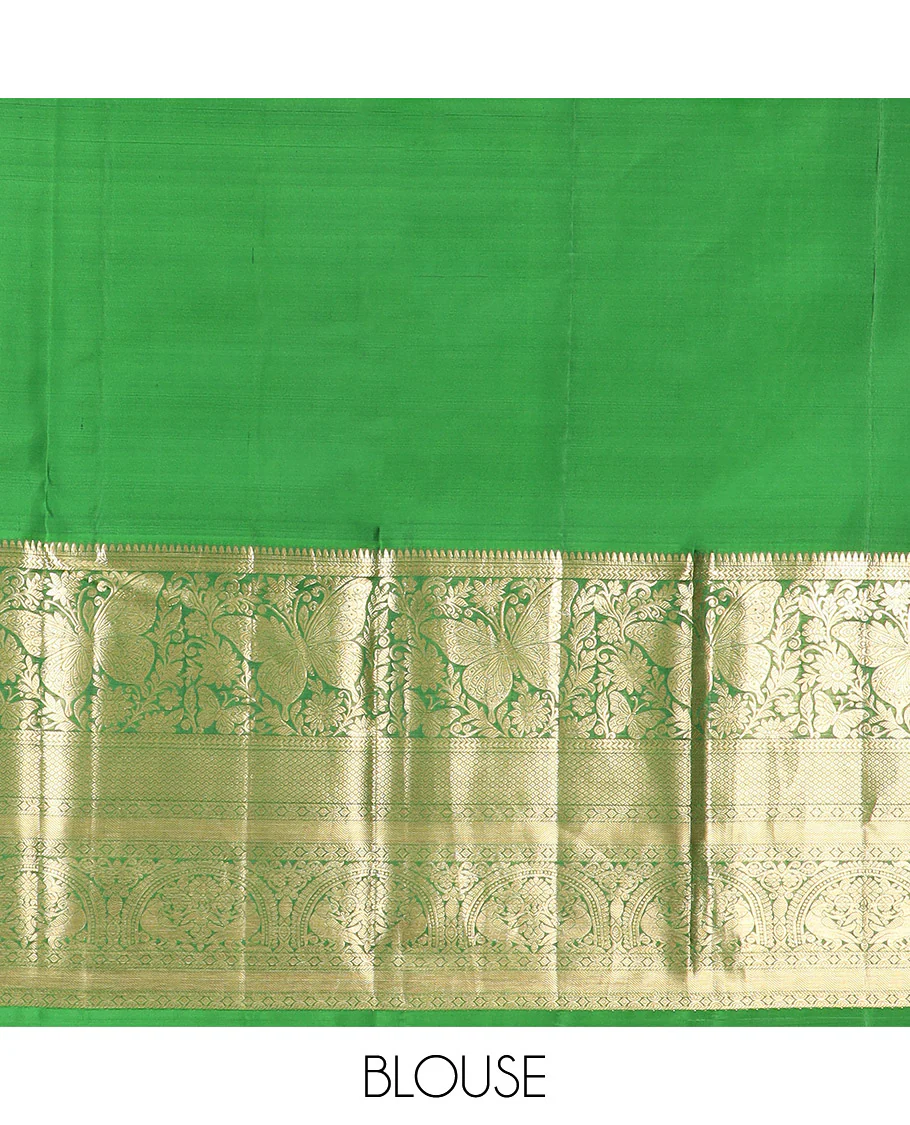 Yellow Kanchipuram Silk Saree Adorned with Jacquard Design, Complemented by Contrast Border of Rekku, Kathir, Mayil, Butterfly, and Then Kuli Kann Designs, Pallu Woven with Intricate Zari Designs, and Paired with a Contrast Blouse - Image 6