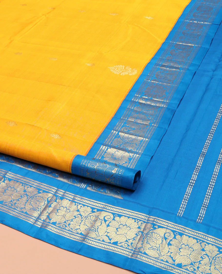 Yellow Kanchipuram Silk Saree, Ornamented with Zari Buttas on Its Body, Complemented by a Contrast One-Sided Korvai Border of Banaras, Muthu, Floral and Paisley Designs, Pallu of Intricate Designs, and Comes Without a Blouse - Image 2