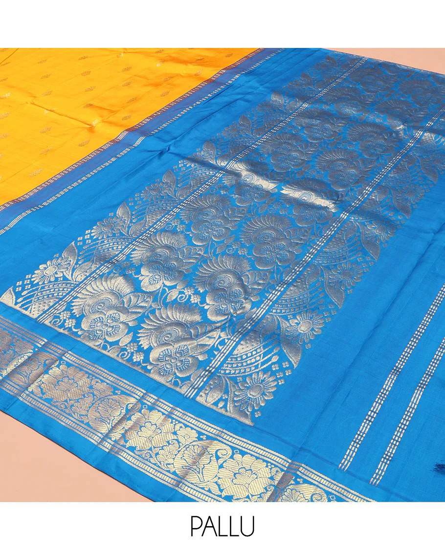 Yellow Kanchipuram Silk Saree, Ornamented with Zari Buttas on Its Body, Complemented by a Contrast One-Sided Korvai Border of Banaras, Muthu, Floral and Paisley Designs, Pallu of Intricate Designs, and Comes Without a Blouse - Image 5