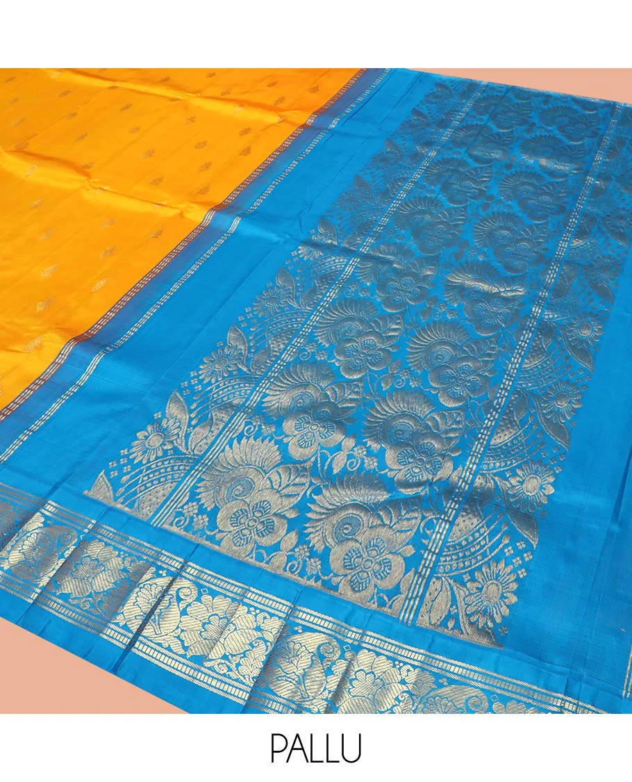 Yellow Kanchipuram Silk Saree Sparsely Sparkled with Zari Buttas All Over Its Body, Complemented by a Contrast One-Sided Korvai Border of Banaras, Muthu, Manga, and Floral Designs, Pallu of Floral Designs, and Comes Without a Blouse - Image 5