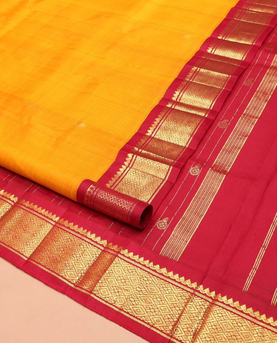 Yellow Kanchipuram Silk Saree, Sparsely Woven with Zari Buttas on Its Body, Complemented by Contrast One-Sided Korvai Border of Thilakam Mokku, Banaras, and Jaal Designs, Pallu Features Zari Designs, and Comes Without a Blouse - Image 2
