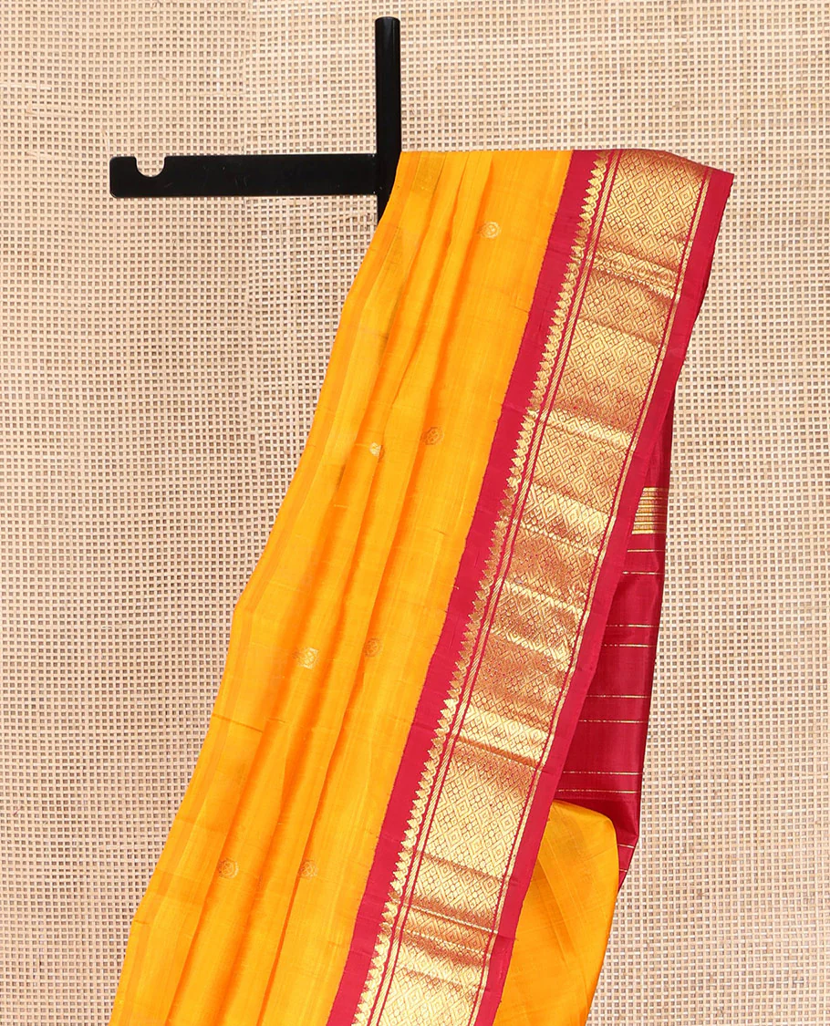Yellow Kanchipuram Silk Saree, Sparsely Woven with Zari Buttas on Its Body, Complemented by Contrast One-Sided Korvai Border of Thilakam Mokku, Banaras, and Jaal Designs, Pallu Features Zari Designs, and Comes Without a Blouse - Image 3