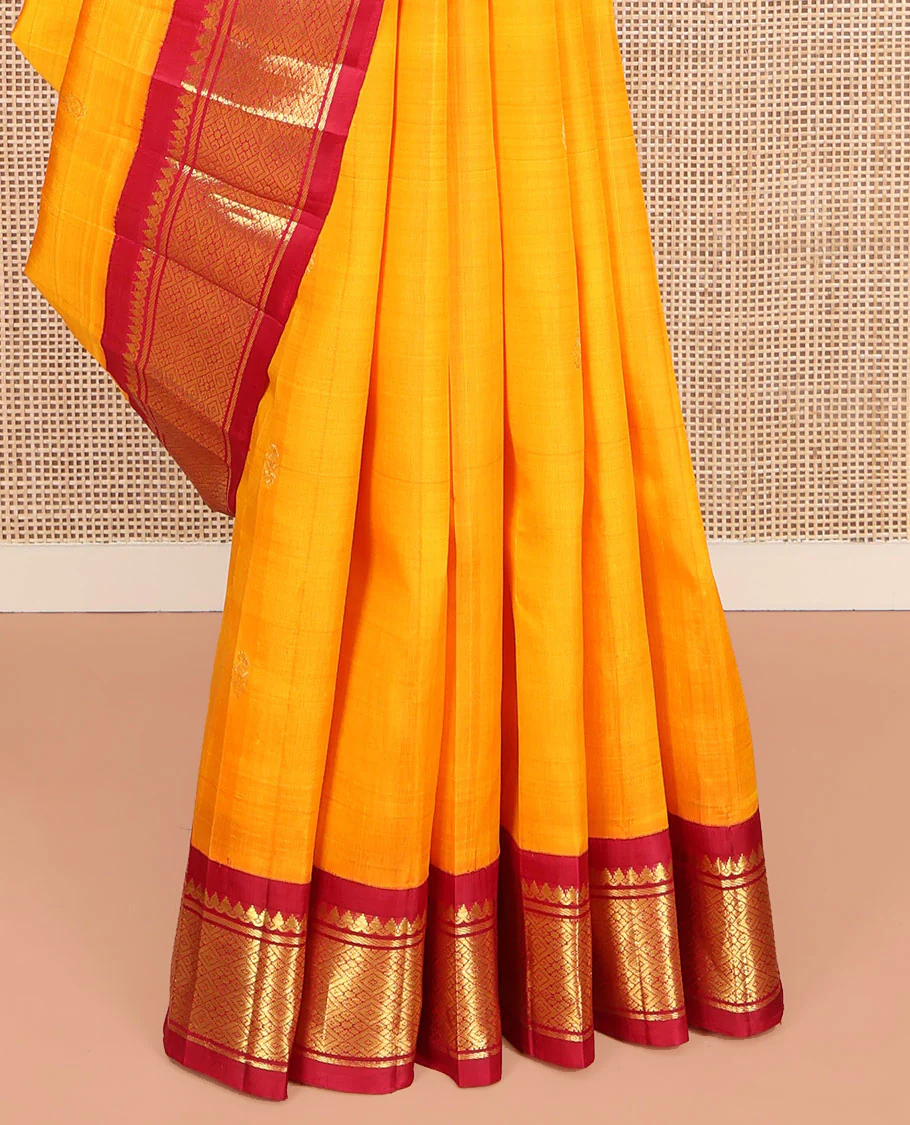 Yellow Kanchipuram Silk Saree, Sparsely Woven with Zari Buttas on Its Body, Complemented by Contrast One-Sided Korvai Border of Thilakam Mokku, Banaras, and Jaal Designs, Pallu Features Zari Designs, and Comes Without a Blouse - Image 4