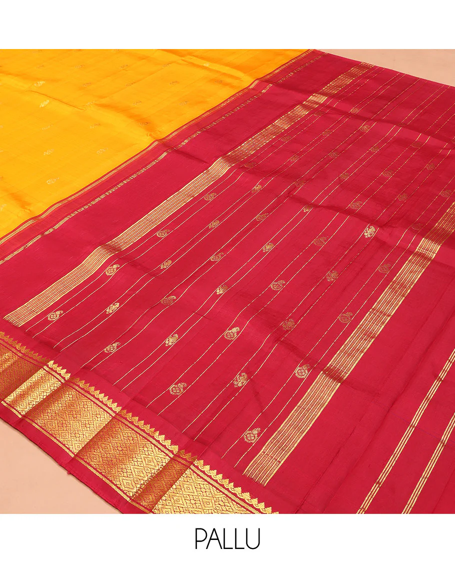 Yellow Kanchipuram Silk Saree, Sparsely Woven with Zari Buttas on Its Body, Complemented by Contrast One-Sided Korvai Border of Thilakam Mokku, Banaras, and Jaal Designs, Pallu Features Zari Designs, and Comes Without a Blouse - Image 5