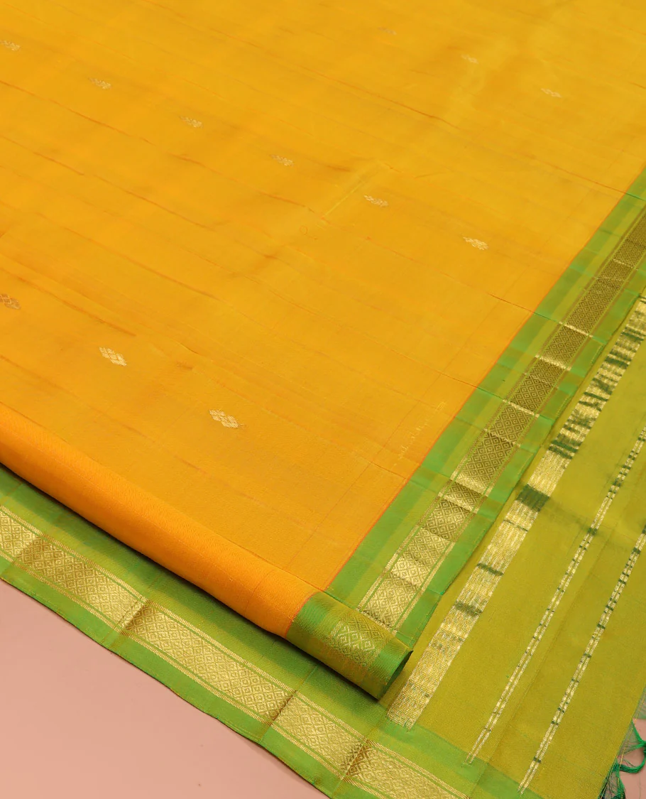 Yellow Kanchipuram Silk Saree, Subtly Sparkled with Zari Buttas, a Contrast One-Sided Border of Banaras, and Mayil Kann Design, Zari-Woven Pallu, and No Blouse - Image 2