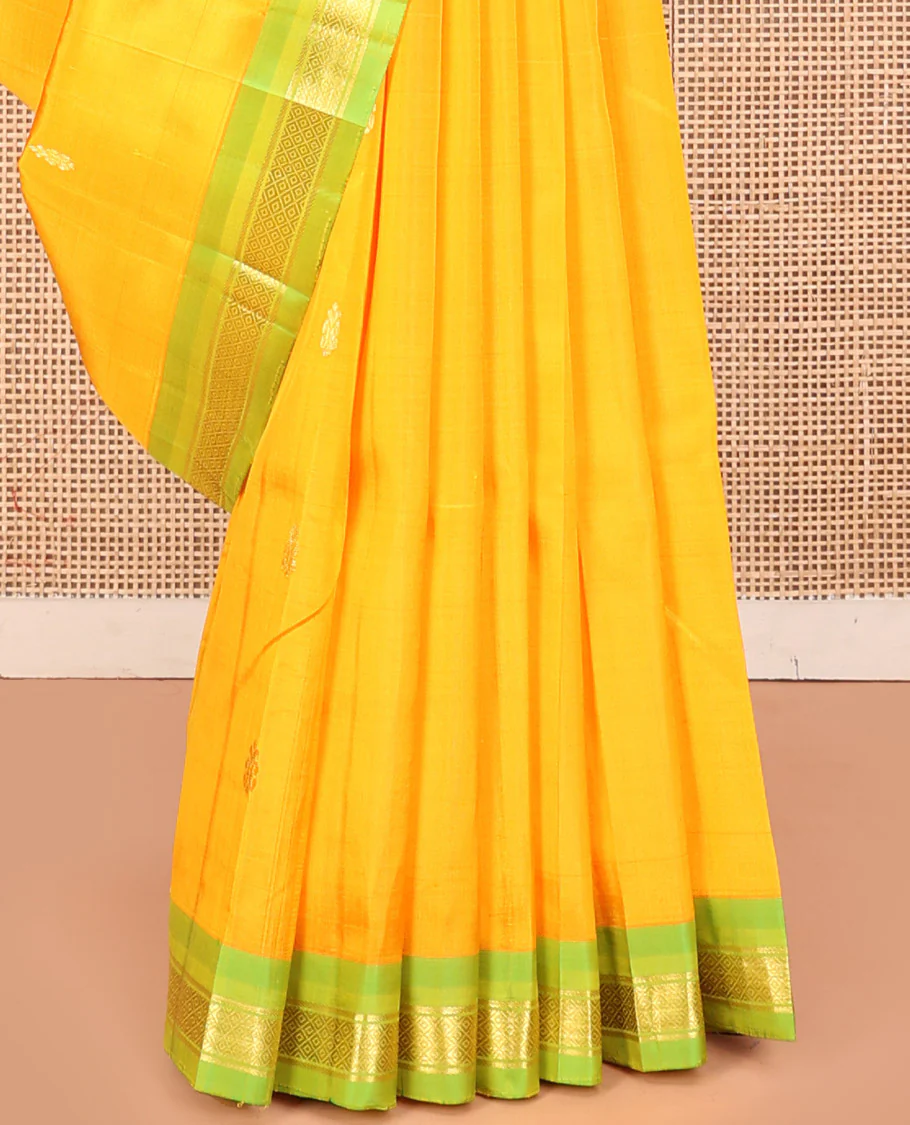 Yellow Kanchipuram Silk Saree, Subtly Sparkled with Zari Buttas, a Contrast One-Sided Border of Banaras, and Mayil Kann Design, Zari-Woven Pallu, and No Blouse - Image 4