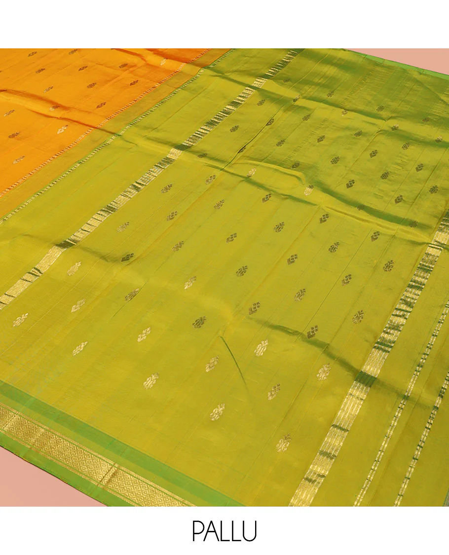 Yellow Kanchipuram Silk Saree, Subtly Sparkled with Zari Buttas, a Contrast One-Sided Border of Banaras, and Mayil Kann Design, Zari-Woven Pallu, and No Blouse - Image 5