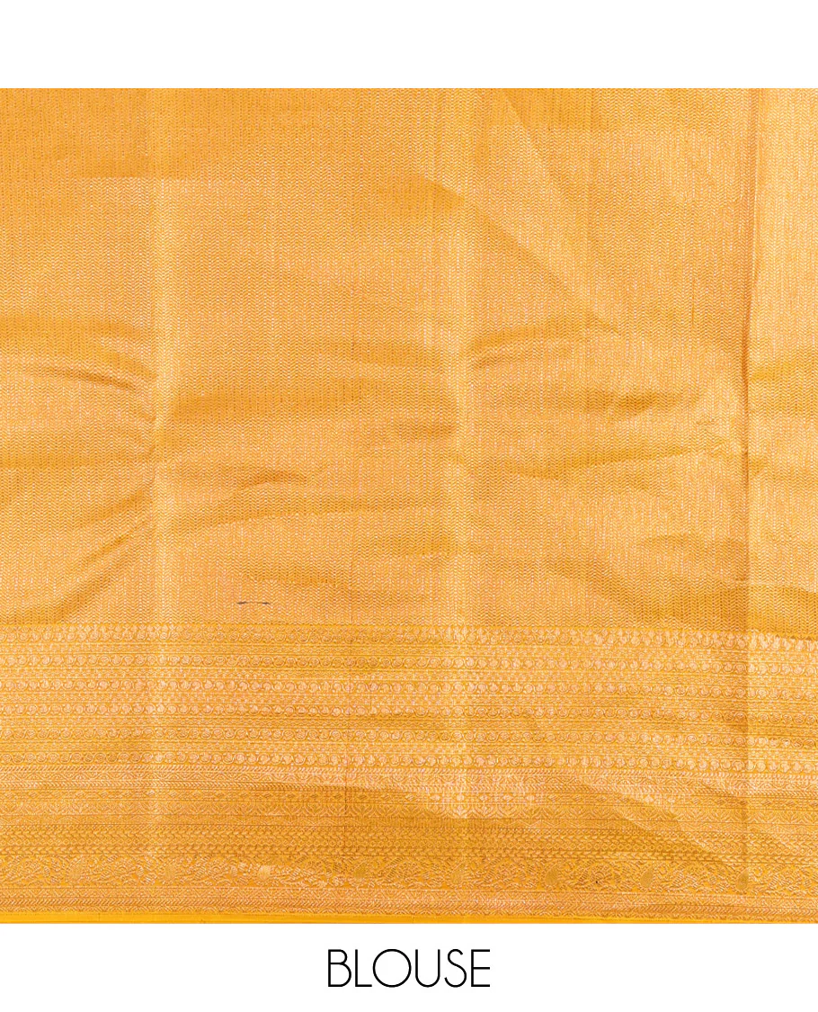 Yellow Kanchipuram Silk Saree, Subtly Sparkled with Zari Buttas All Over Its Body, Highlighted by a Zari Traditional Design Border, Grand Pallu, and Paired with a Matching Blouse - Image 6