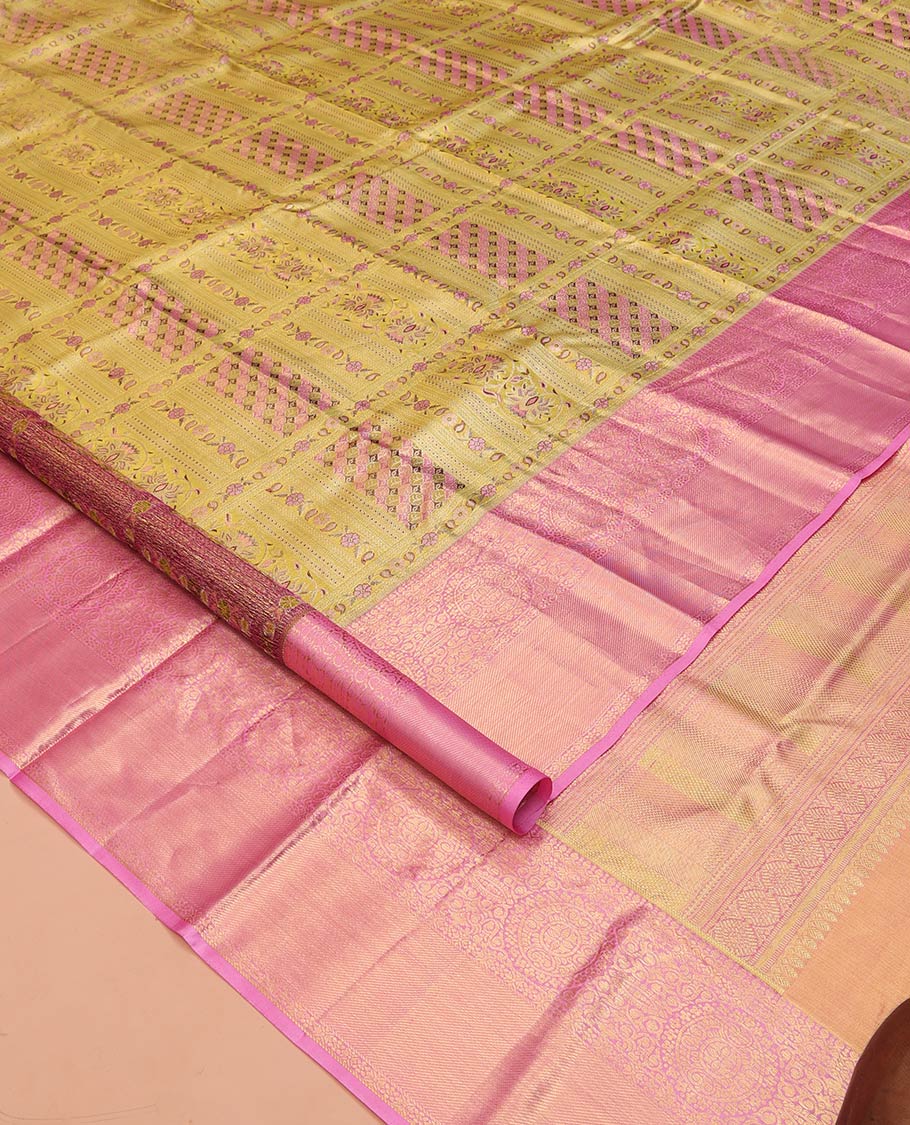 Yellow Kanchipuram Tissue Silk Saree, Finely Crafted with Meenakari Jacquard Designs on Its Body, Complemented by a Contrast Zari Border of Chakram Designs, Intricately Designed Pallu, and Paired with a Contrast Blouse - Image 2