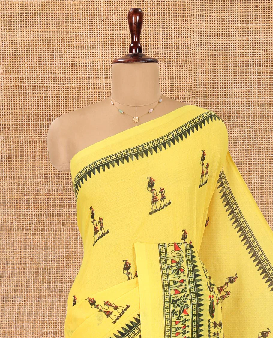 Yellow Khadi Mul Cotton Saree, Artfully Printed with Warli Motifs All Over Its Body, Highlighted by a Self-Border of Warli Print, Pallu of Warli Print, and Paired with a Matching Blouse - Image 2