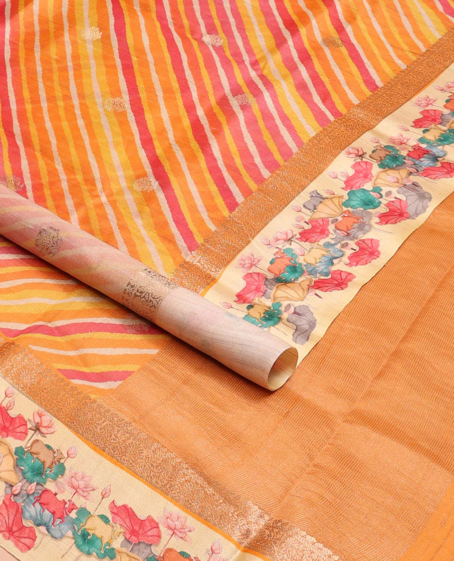 Yellow lehariya-style stripes printed tussar saree with zari buttas, contrast traditional zari border of pichwai multi-color floral & cow motifs print & zari striped pallu - Image 2