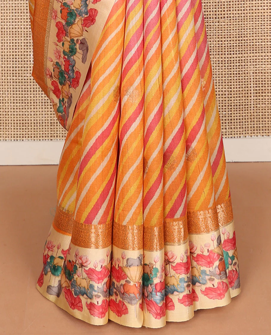 Yellow lehariya-style stripes printed tussar saree with zari buttas, contrast traditional zari border of pichwai multi-color floral & cow motifs print & zari striped pallu - Image 5