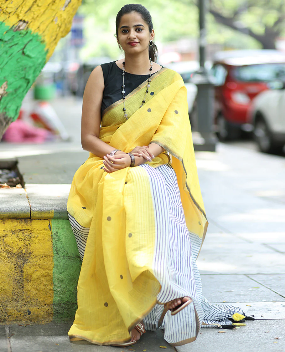 Yellow Linen Cotton Saree, Adorned with Half-And-Half-Style Polka Dots, a Subtle Piping Border, Contrast Vertically Striped Pallu, and a Contrast Blouse - Image 2