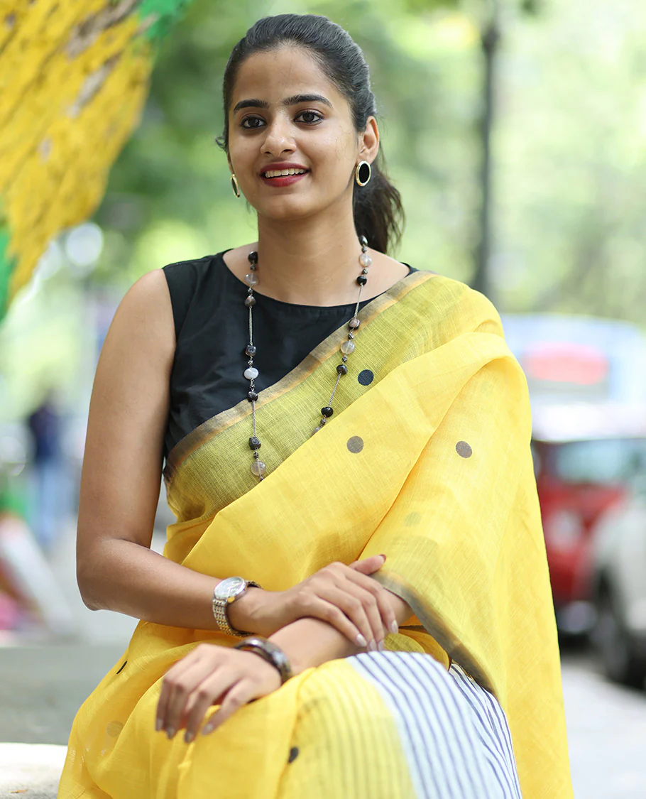 Yellow Linen Cotton Saree, Adorned with Half-And-Half-Style Polka Dots, a Subtle Piping Border, Contrast Vertically Striped Pallu, and a Contrast Blouse - Image 5