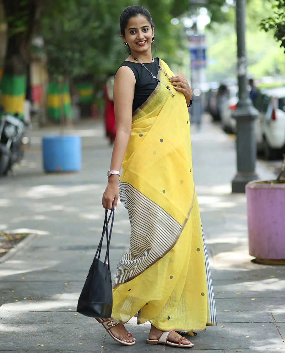 Yellow Linen Cotton Saree, Adorned with Half-And-Half-Style Polka Dots, a Subtle Piping Border, Contrast Vertically Striped Pallu, and a Contrast Blouse - Image 6
