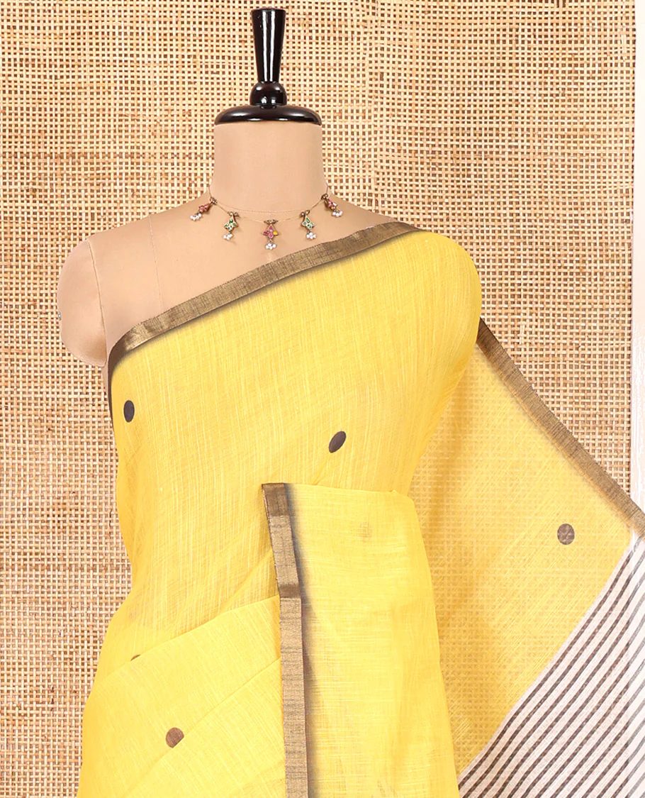 Yellow Linen Cotton Saree, Adorned with Half-And-Half-Style Polka Dots, a Subtle Piping Border, Contrast Vertically Striped Pallu, and a Contrast Blouse - Image 8