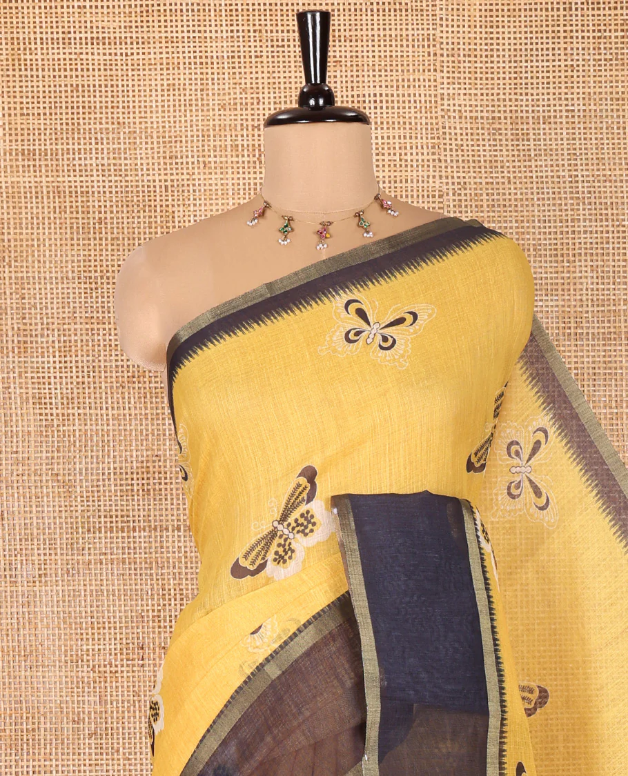 Yellow Linen Cotton Saree, Beautified with Butterfly Motifs Printed On Its Body, Complemented by Temple Border, Pallu Steeped with Butterflies, and Paired with a Contrast Blouse - Image 2