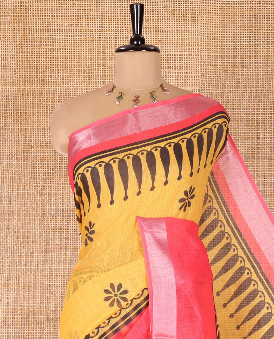 Yellow Linen Cotton Saree, Decked Up with Flower Motifs All Over Its Body, Complemented by a Contrast Border, Flower Motifs Printed Pallu, and Paired with a Contrast Blouse - Image 2