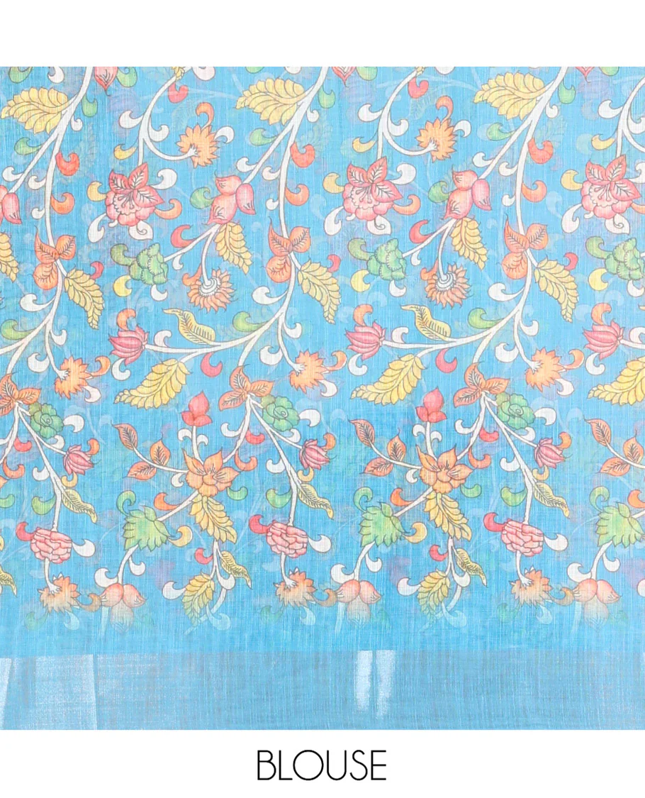 Yellow Linen Cotton Saree, Prettified with Floral Motifs Printed On Its Body, Complemented by Captivating Contrast Bavanji Border, Colorful Floral Vine Printed Pallu, and Paired with a Contrast Blouse - Image 3