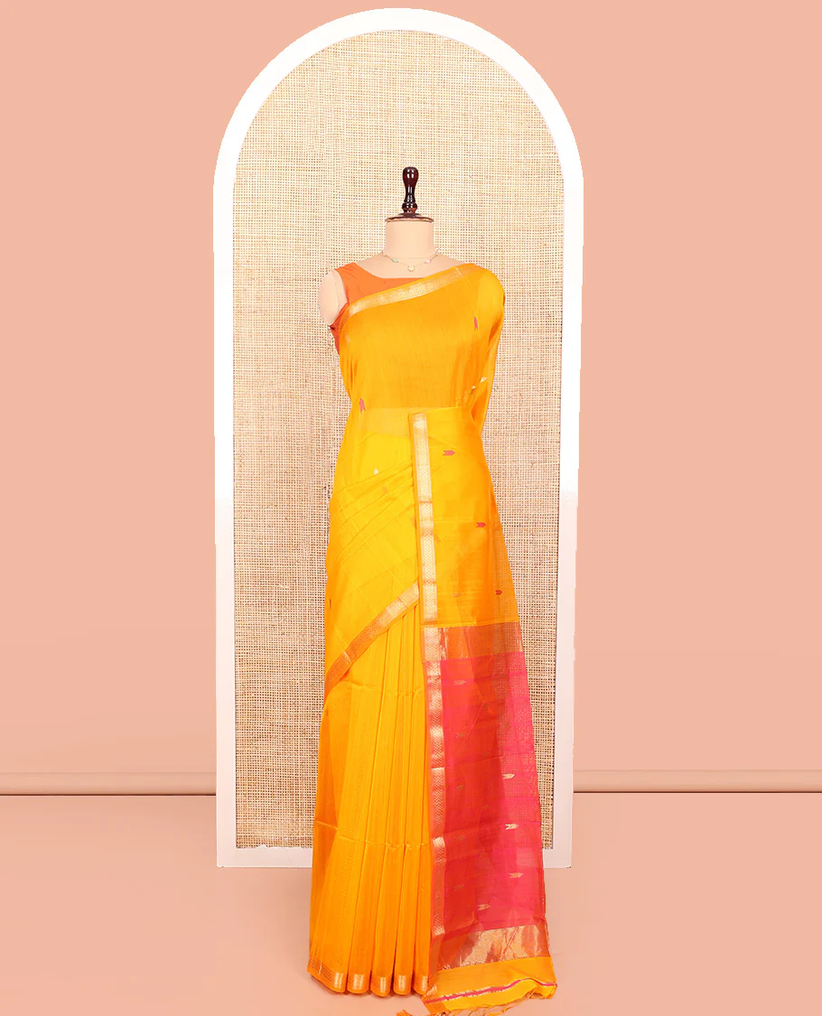 Yellow Maheshwari Cotton Saree, Subtly Sparkled with Buttas All Over Its Body, Subtly Sparkled Traditional Zari Border, Contrast Zari Buttas Woven Pallu, and Paired with a Contrast Blouse - Image 3