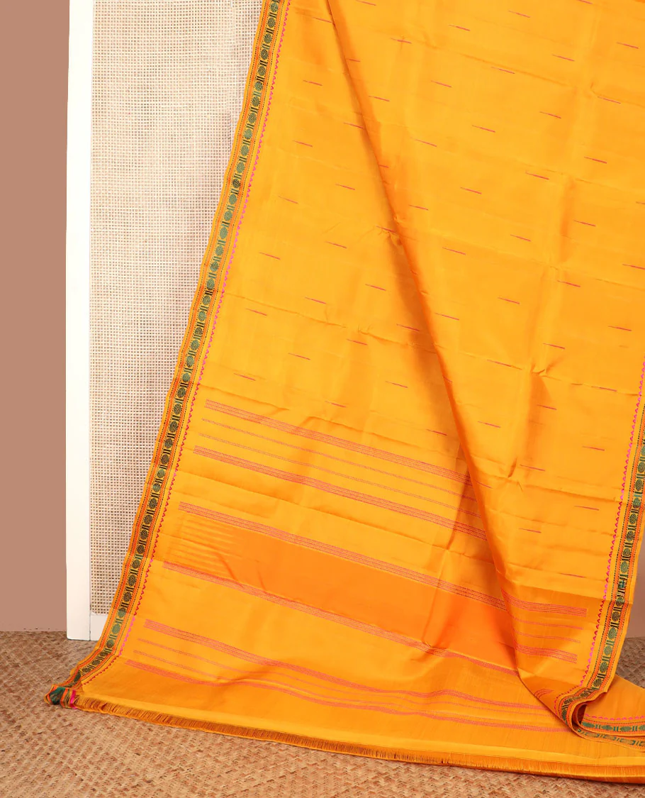 Yellow malli mokku buttas Kanchipuram silk saree, self-border of rekku, muthu, kathir, and rudraksham motifs, and seppu rekku pallu - Image 3