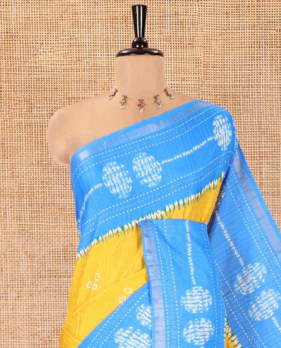 Yellow Manipuri Silk Saree, Adorned with Bandhani Buttas on Its Body, Complemented by a Contrast Border of Shibori Print and Kantha Thread Work, Pallu of Shibori Print, and Paired with a Contrast Blouse - Image 2