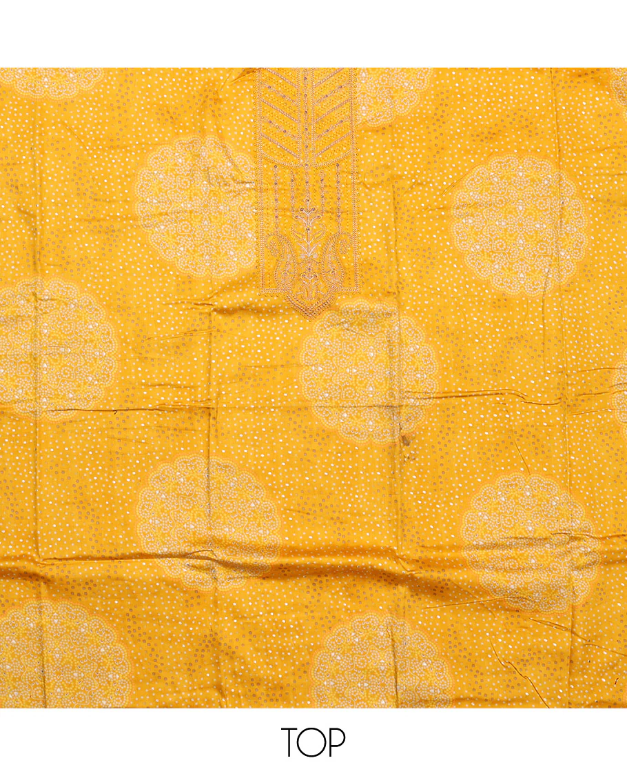 Yellow Material Chudidar Set, Accentuated with Bandhani Dot Printed and Embroidery on Rayon Top, a Rayon Bottom, and Paired with Contrast Intricately Printed Cotton Dupatta - Image 2