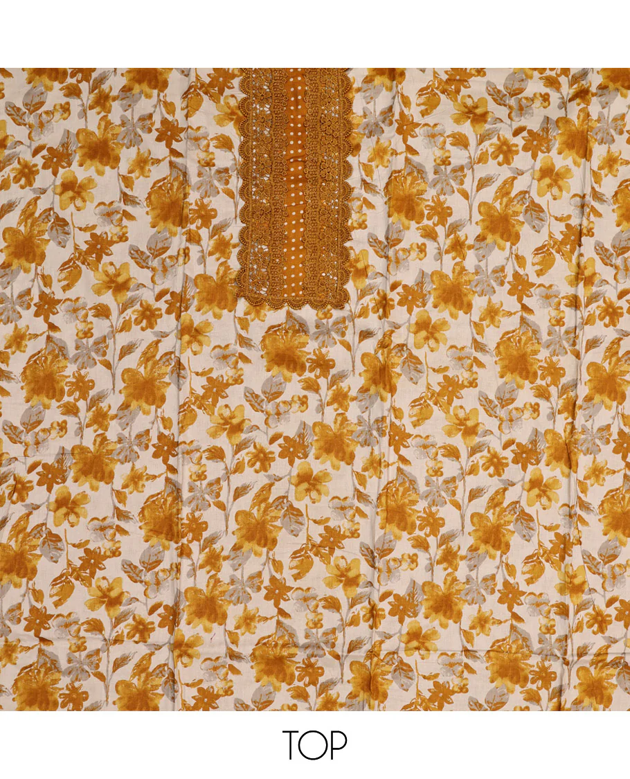 Yellow Material Chudidar Set, Adorned with Floral Motifs Print and Embroidery on Cotton Top, a Polka Dot Printed Cotton Bottom, and Paired with a Floral Printed Cotton Dupatta - Image 2