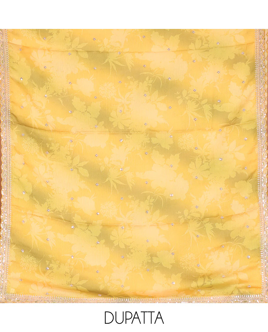 Yellow Material Chudidar Set Beautified with Intricately Embroidered Muga Silk Top, Subtly Made Plain Santoon Bottom, and a Bemberg Chiffon Dupatta Featuring Floral Printed, and Embroidery - Image 2