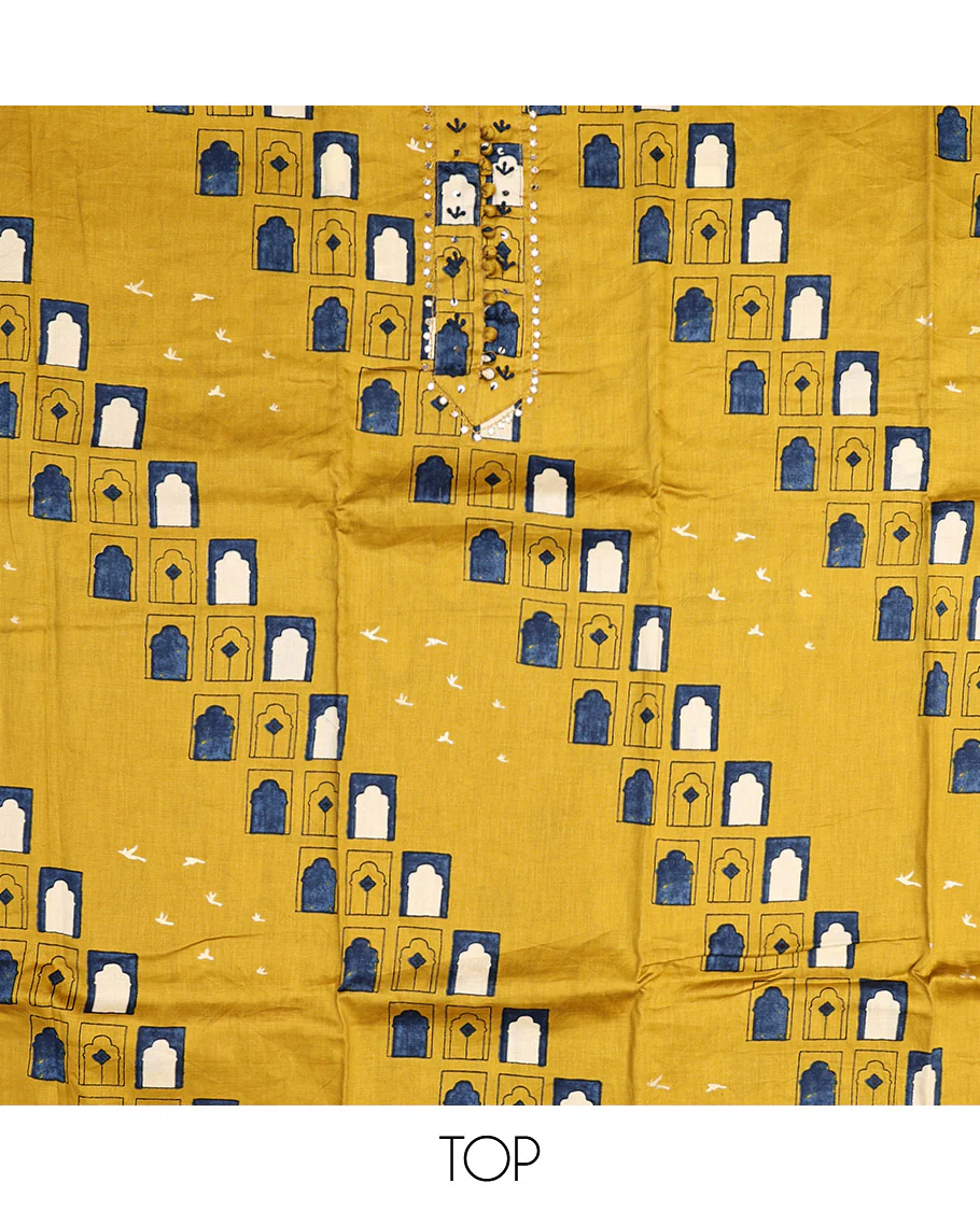 Yellow Material Chudidar Set, Creatively Printed with Mughal-Style Arches Printed Rayon Top, a Plain Rayon Bottom, and Paired with a Mughal-Style Arches Printed Cotton Dupatta - Image 2