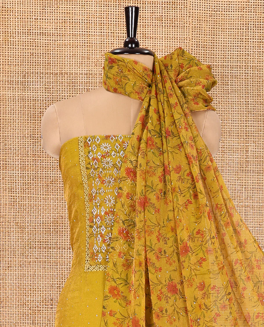 Yellow Material Churidar Set, Gleamed Up with Stone Work and Floral Print on Nc Moss Organza Top, Comes with a Plain Santoon Bottom, and Is Paired with a Nc Moss Dupatta of Floral Print and Stone Work - Image 3