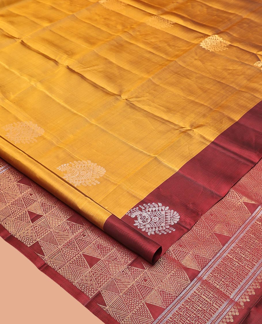 Yellow Mayuri Lite Silk Mix Saree, Adorned with Zari Buttas on Its Body, Complemented by a Contrast Border of Unique Designs, Geometric Patterns Pallu, and Paired with a Contrast Blouse - Image 2