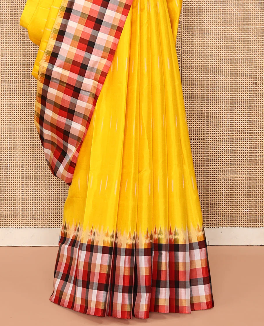 Yellow Mayuri Soft Silk Saree, Sparsely Sparkled with Ikkat Buttas All Over Its Body, Complemented by Contrast Checked Border, Artfully Ikkat Textured Pallu, and Paired with a Contrast Blouse - Image 4