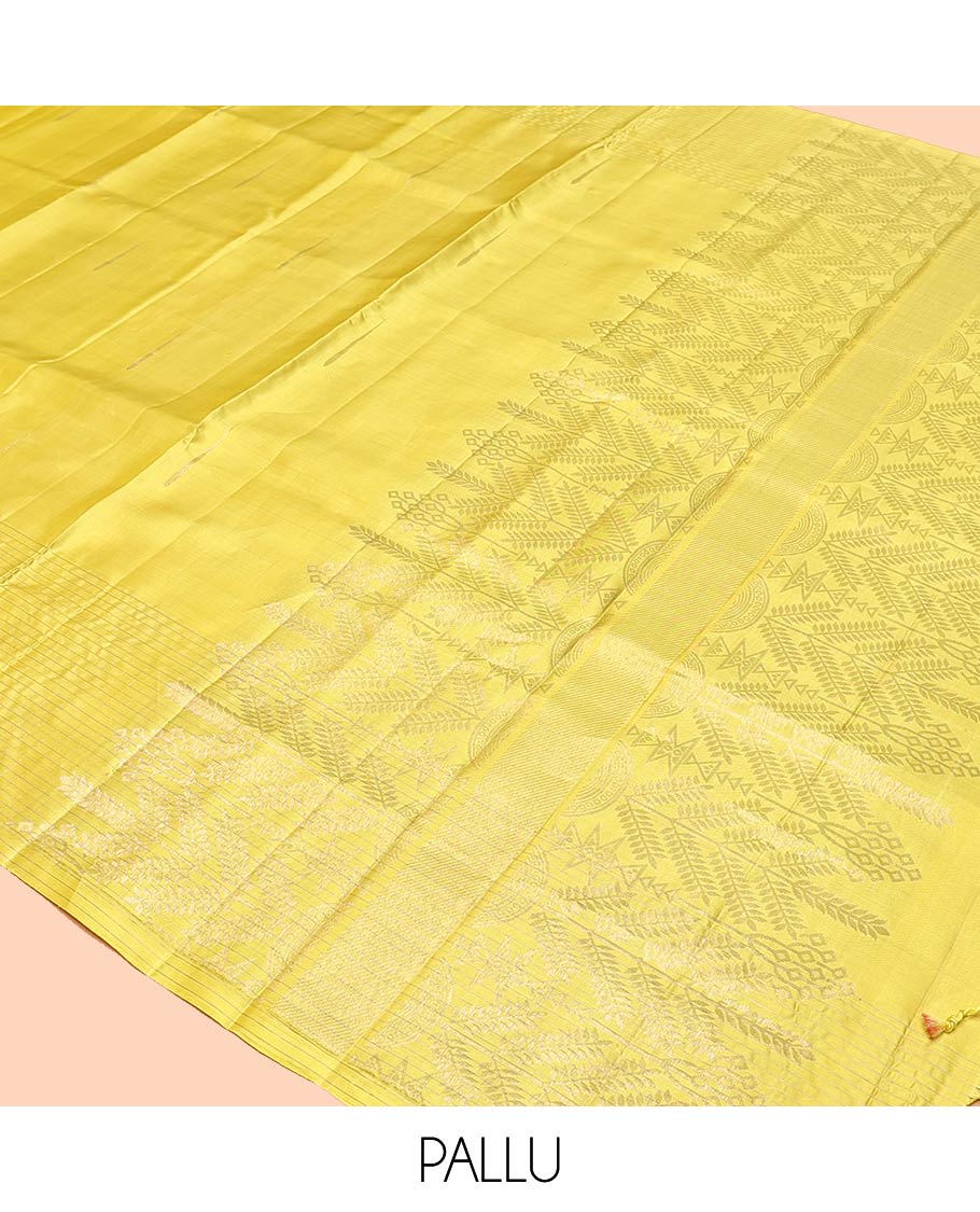 Yellow Mayuri Soft Silk Saree, Sparsely Sparkled with Malli Mokku Buttas All Over Its Body, Highlighted by Zari Striped Border, Pallu of Intricate Designs, and Paired with a Matching Blouse - Image 5