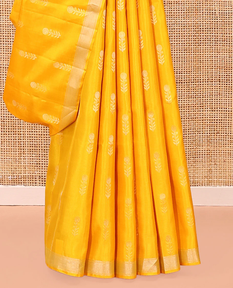 Yellow Mayuri Soft Silk Saree, Subtly Sparkled With Zari Buttas All Over Its Body, Complemented by Contrast Pallu of Intricate Designs, and Paired with a Contrast Blouse - Image 4