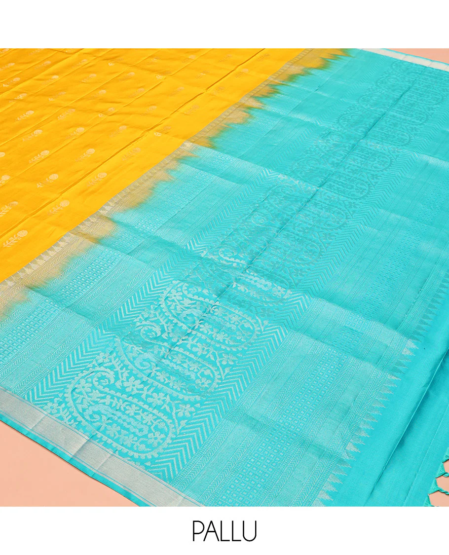 Yellow Mayuri Soft Silk Saree, Subtly Sparkled With Zari Buttas All Over Its Body, Complemented by Contrast Pallu of Intricate Designs, and Paired with a Contrast Blouse - Image 5