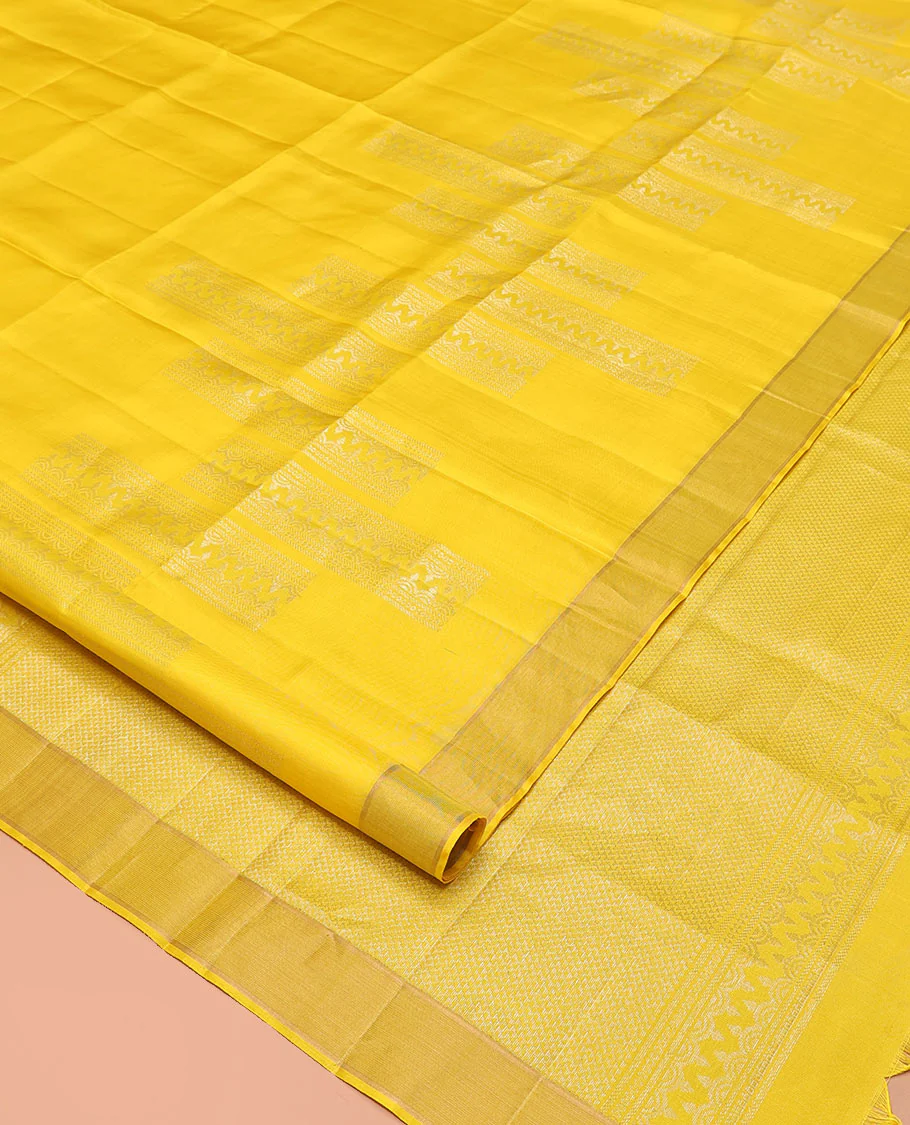 Yellow Mayuri Soft Silk Saree, Subtly Sparkled with Zari Designs All Over Its Body, Highlighted by Zari Border, Pallu of Ara Maadam Designs, and Paired with a Matching Blouse - Image 2