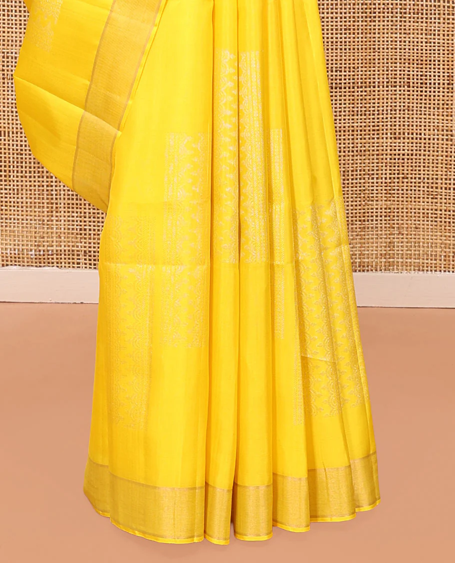 Yellow Mayuri Soft Silk Saree, Subtly Sparkled with Zari Designs All Over Its Body, Highlighted by Zari Border, Pallu of Ara Maadam Designs, and Paired with a Matching Blouse - Image 4