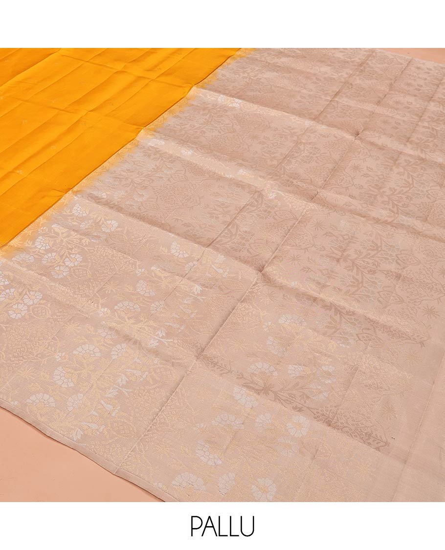 Yellow Mayuri Soft Silk Saree, Subtly Woven with Buttas All Over Its Body, Complemented by Contrast Artfully Woven Border, Pallu of Floral Designs, and Paired with a Contrast Blouse - Image 5